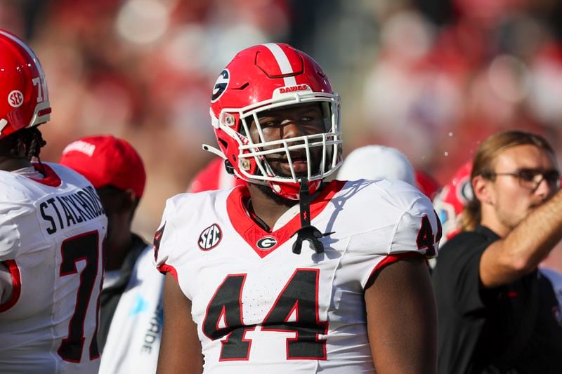 Georgia defensive lineman Jordan Hall (44) watches from the sideline during their game against Florida at EverBank Stadium, Saturday, October 27, 2023, in Jacksonville, Fl. Georgia won 43-20.  (Jason Getz / Jason.Getz@ajc.com)