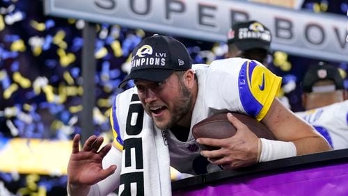 Los Angeles Rams quarterback Matthew Stafford celebrates after the Rams defeated the Cincinnati Bengals in the NFL Super Bowl 56 football game Sunday, Feb. 13, 2022, in Inglewood, Calif. (AP Photo/Marcio Jose Sanchez)