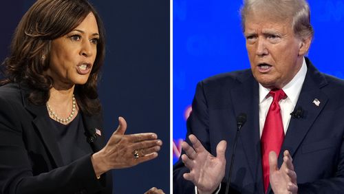 In this combination photo, Democratic vice presidential candidate Sen. Kamala Harris, D-Calif., speaks during a debate, Oct. 7, 2020, in Salt Lake City, left, and Republican presidential candidate former President Donald Trump speaks during a debate, June 27, 2024, in Atlanta. (AP Photo)