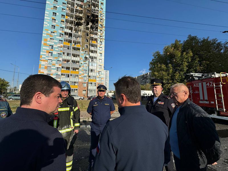 This photo released by Moscow Region Governor Andrei Vorobyev official telegram channel shows the site of the damaged multi-storey residential building following an alleged Ukrainian drone attack in Ramenskoye, outside Moscow, Moscow region, Russia, on Tuesday, Sept. 10, 2024. (Moscow Region Governor Andrei Vorobyev official telegram channel via AP)