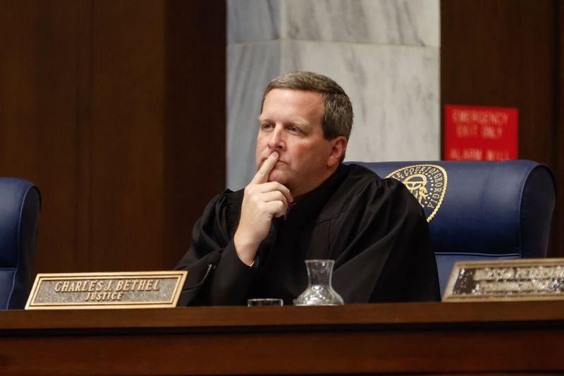 Georgia Supreme Court Justice Charlie Bethel listens to arguments during a hearing about Cobb County passing its own district map at the Nathan Deal Judicial Center on Wednesday, April 17, 2024. (Natrice Miller/ AJC)