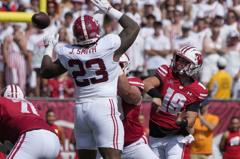 Wisconsin's Braedyn Locke (18) throws a pass during the first half of an NCAA college football game against Alabama Saturday, Sept. 14, 2024, in Madison, Wis. (AP Photo/Morry Gash)