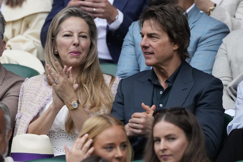 Tom Cruise watches the women's singles final from the stands on Centre Court at the Wimbledon tennis championships in London, Saturday, July 13, 2024. (AP Photo/Mosa'ab Elshamy)