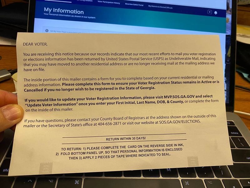 The letter Steve Vellines of Tucker received informing him that his voter status was "inactive." 