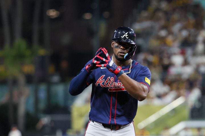 Atlanta Braves’ Jorge Soler hits a solo homer against the San Diego Padres during the fifth inning of National League Division Series Wild Card Game Two at Petco Park in San Diego on Wednesday, Oct. 2, 2024.   (Jason Getz / Jason.Getz@ajc.com)