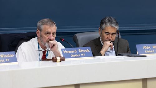 Councilmembers Howard Shook and Alex Wan listen to a presentation during a committee meeting concerning the proposed Atlanta Public Safety Training Center at Atlanta City Hall in Atlanta, GA., on Wednesday, January 17, 2024. (Photo/Jenn Finch)