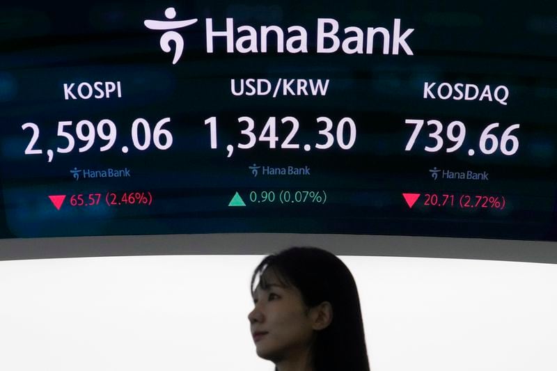 A currency trader passes by a screen showing the Korea Composite Stock Price Index (KOSPI), top left, and the foreign exchange rate between U.S. dollar and South Korean won, top center, at the foreign exchange dealing room of the KEB Hana Bank headquarters in Seoul, South Korea, Wednesday, Sept 4, 2024. (AP Photo/Ahn Young-joon)