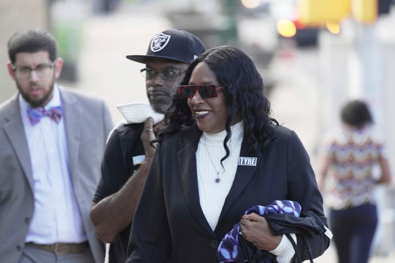 Tyre Nichols mother RowVaughn Wells arrives at the federal courthouse for the day's proceedings Tuesday, Oct. 1, 2024, in Memphis, Tenn. (AP Photo/Karen Pulfer Focht)