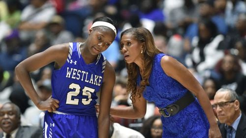 Westlake coach Hilda Hankerson had only one returning starter, junior Raven Johnson, from the Lions’ 2018 champion team, but Westlake repeated with a starting lineup without seniors. HYOSUB SHIN / HSHIN@AJC.COM