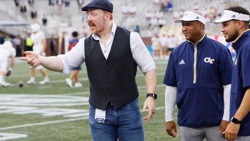 The Irish wrestler Stephen Farrelly, who goes by the ring name Sheamus, visited the Georgia Tech sidelines before a NCAA football game between the Georgia State Panthers and the Georgia Tech Yellow Jackets at Bobby Dodd Stadium in Atlanta on Saturday, Aug. 31, 2024. (Bob Andres for The Atlanta Journal-Constitution)