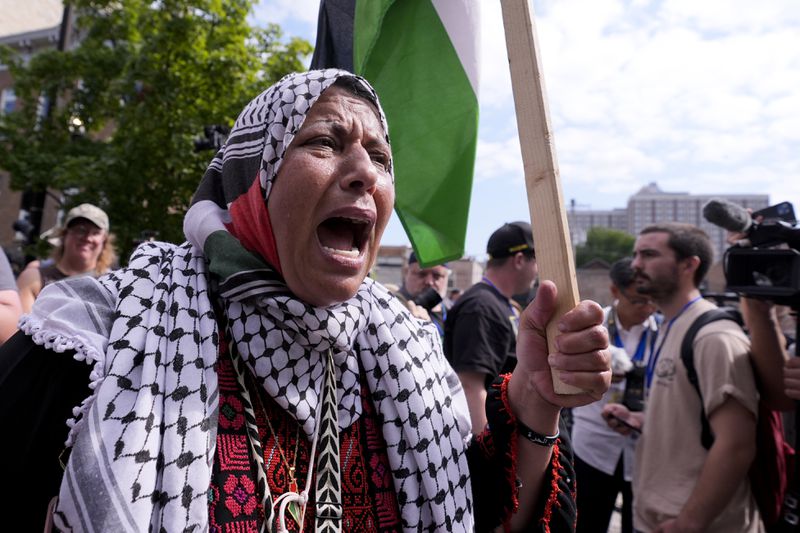 A protester marchs to the Democratic National Convention after a rally at Union Park Monday, Aug. 19, 2024, in Chicago. (AP Photo/Alex Brandon)