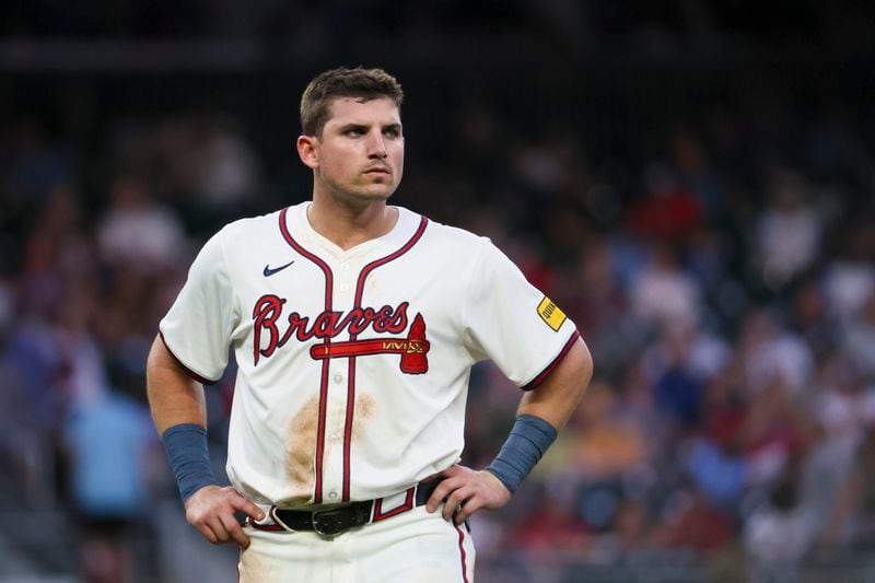 Atlanta Braves third baseman Austin Riley reacts after Atlanta Braves’ Matt Olson (not pictured) grounded into a double play to end the fourth inning and strand Riley on base against the Milwaukee Brewers at Truist Park, Tuesday, August 6, 2024, in Atlanta. (Jason Getz / AJC)
