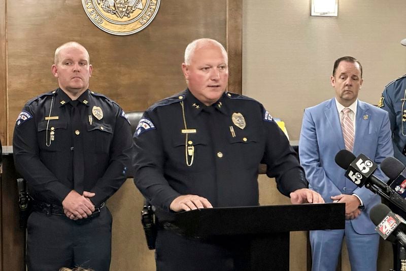 Alma Police Chief Jeff Pointer identifies a suspect in the 1995 abduction of Morgan Nick during a news conference in Alma, Ark., Tuesday, Oct. 1, 2024. (AP Photo/Andrew DeMillo)