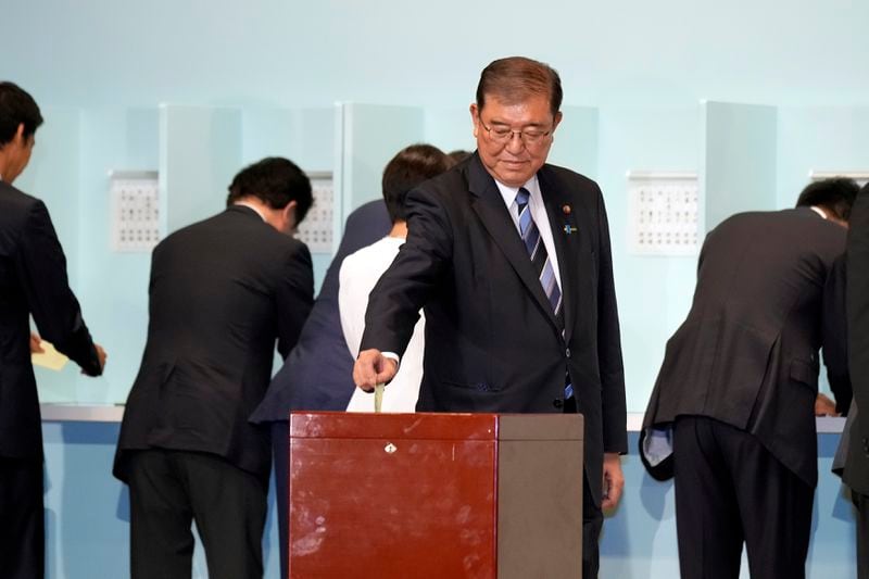 One of candidates Shigeru Ishiba casts his ballot at the ruling Liberal Democratic Party's (LDP) leadership election Friday, Sept. 27, 2024, in Tokyo. (AP Photo/Hiro Komae, Pool)