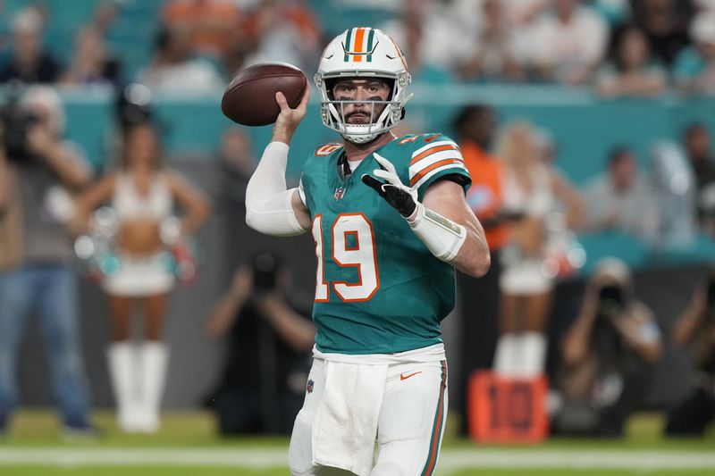 Miami Dolphins quarterback Skylar Thompson (19) aims a pass during the second half of an NFL football game against the Buffalo Bills, Thursday, Sept. 12, 2024, in Miami Gardens, Fla. (AP Photo/Lynne Sladky)