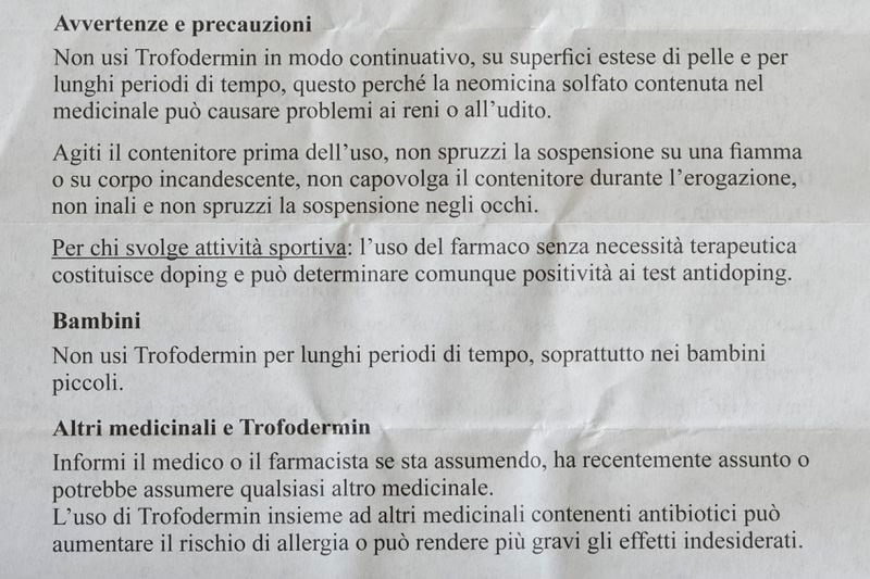 A photo of the medication guide of Trofodermin, a medical product meant for treating cuts and scrapes, reading among its indications the underlined sentence: "For those taking part in sports: use of the drug without therapeutic needs constitutes doping and can result in positive antidoping tests", in Rome, Wednesday, Sept. 4, 2024. (AP Photo/Andrew Medichini)