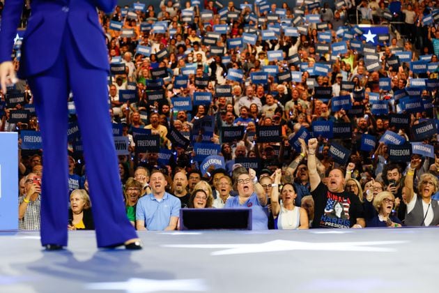 Vice President Kamala Harris cheers during a rally campaign event at Fiserv Forum in Milwaukee on Tuesday, August 20, 2024.
(Miguel Martinez / AJC)