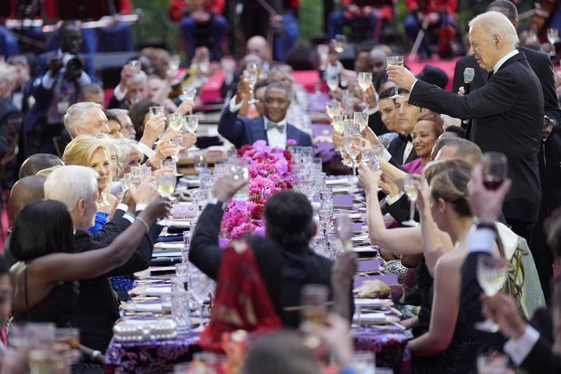 President Joe Biden offers a toast during a state dinner with Kenya's President William Ruto at the White House on Thursday.