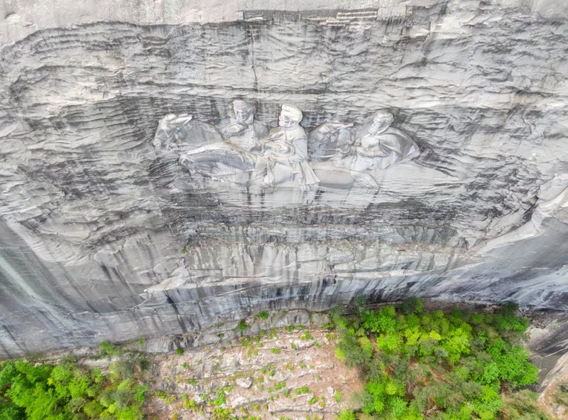 April 20, 2021 Stone Mountain - Aerial photograph shows Confederate Memorial Carving at Stone Mountain Park on Tuesday, April 20, 2021. (Hyosub Shin / Hyosub.Shin@ajc.com)