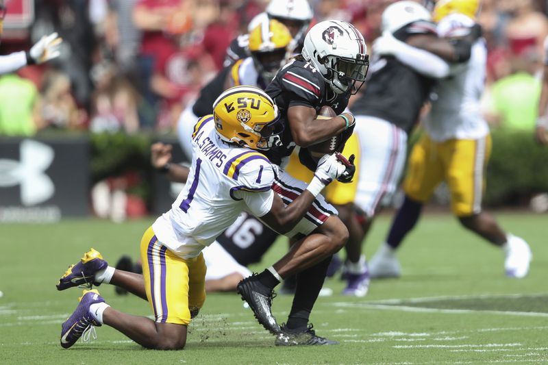 South Carolina wide receiver Jared Brown (14) is tackled by LSU cornerback Ashton Stamps (1) during the first half of an NCAA college football game Saturday, Sept. 14, 2024 in Columbia, S.C. (AP Photo/Artie Walker Jr.)