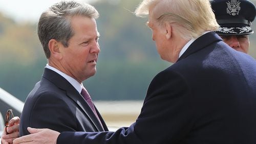 November 8, 2019 Marietta: President Donald Trump is greeted by Georgia Governor Brian Kemp and First Lady Marty Kemp as he arrives at Dobbins AFB on Friday, November 8, 2019, in Marietta.   Curtis Compton/ccompton@ajc.com