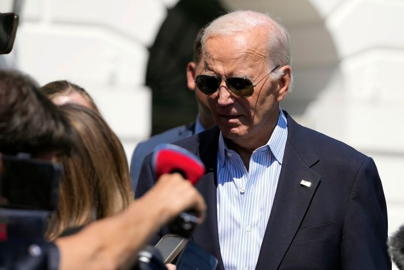 President Joe Biden talks with reporters as he walks out of the White House to board Marine One on the South Lawn in Washington, Monday, Sept. 2, 2024, for a trip to a campaign event with Democratic presidential nominee Vice President Kamala Harris in Pittsburgh. (AP Photo/Mark Schiefelbein)