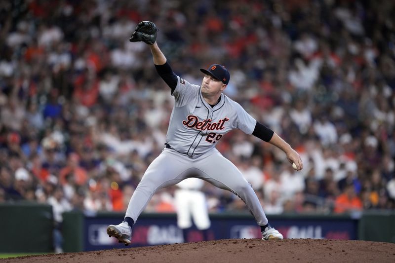 Detroit Tigers starting pitcher Tarik Skubal throws during the sixth inning of Game 1 of an AL Wild Card Series baseball game against the Houston Astros, Tuesday, Oct. 1, 2024, in Houston. (AP Photo/Kevin M. Cox)