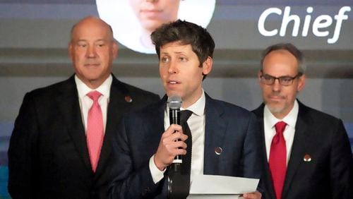 FILE - Open AI Chief Executive Officer Sam Altman (C) speaks at the Advancing Sustainable Development through Safe, Secure, and Trustworthy AI event on Sept. 23, 2024, in New York. (Bryan R. Smith/Pool Photo via AP)