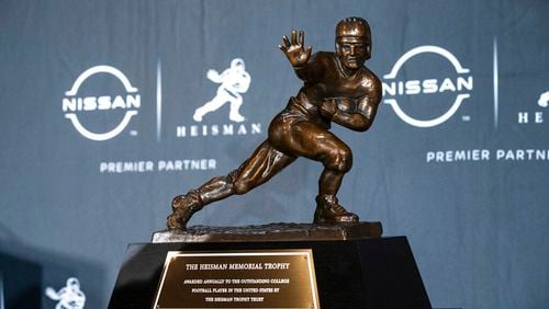 The Heisman Trophy sits during a news conference before the award ceremony Saturday, Dec. 10, 2022, in New York. (AP Photo/Eduardo Munoz Alvarez)