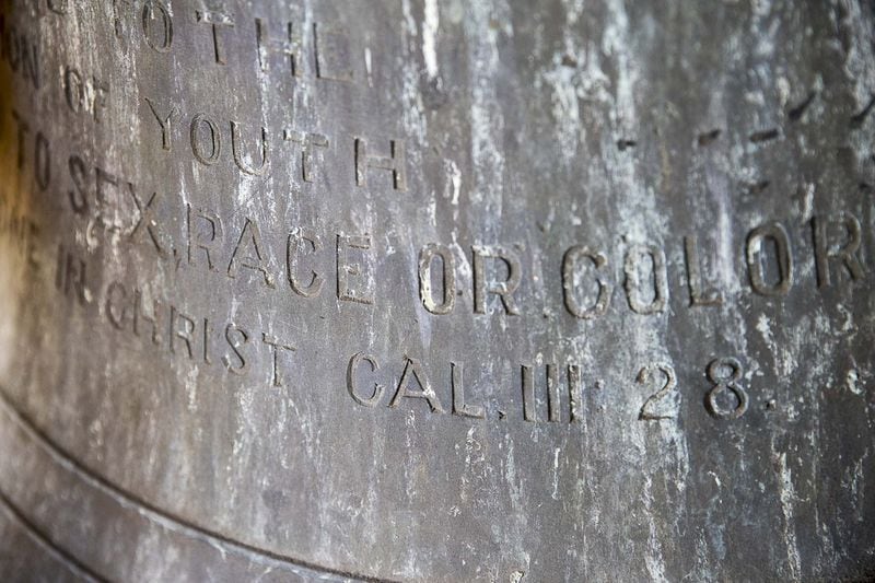 Words are etched into the bell that sits in the clocktower of the Historic Fountain Hall on the campus of Morris Brown College, Thursday, December 5, 2019. (ALYSSA POINTER/ALYSSA.POINTER@AJC.COM)