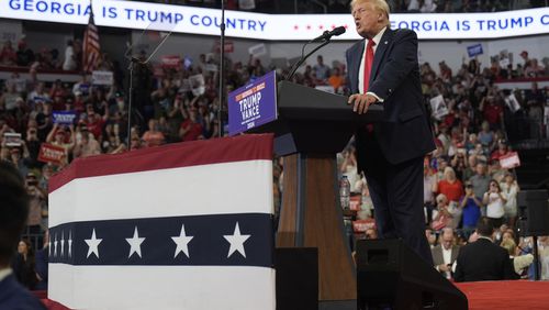 Republican presidential candidate former President Donald Trump speaks at a campaign rally at Georgia State University in Atlanta, Saturday, Aug. 3, 2024. (AP Photo/John Bazemore)