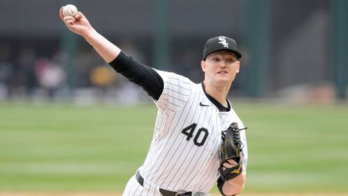 Chicago White Sox starting pitcher Michael Soroka delivers during the first inning of a baseball game against the Detroit Tigers Saturday, March 30, 2024, in Chicago. (AP Photo/Charles Rex Arbogast)