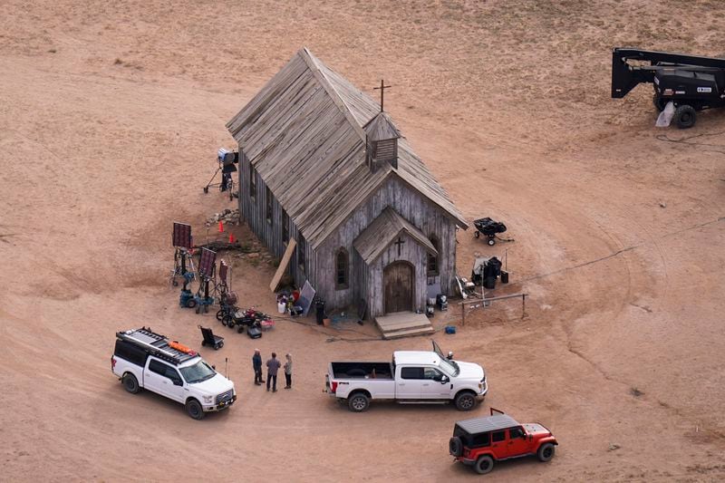 FILE - This aerial photo shows the movie set of "Rust," at Bonanza Creek Ranch, Oct. 23, 2021, in Santa Fe, N.M. e of Hope Award Gala at New York Hilton Midtown on Dec. 9, 2021, in New York. On Friday, May 24, 2024, a New Mexico judge rejected a request by Alec Baldwin to dismiss the sole criminal charge against him in a fatal shooting on the set of “Rust,” keeping the case on track for a trial this summer. (AP Photo/Jae C. Hong, File)