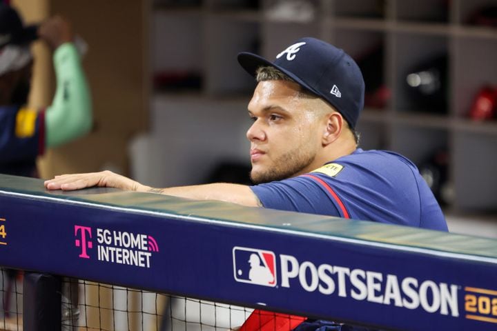 Atlanta Braves pitcher Joe Jiménez reacts to a 5-4 loss to the San Diego Padres after National League Division Series Wild Card Game Two at Petco Park in San Diego on Wednesday, Oct. 2, 2024. The Padres advance to the Division Series to face the Los Angeles Dodgers.  (Jason Getz / Jason.Getz@ajc.com)