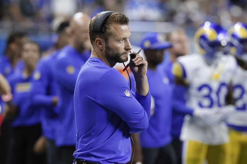 Los Angeles Rams head coach Sean McVay watches against the Detroit Lions during the first half of an NFL football game in Detroit, Sunday, Sept. 8, 2024. (AP Photo/Duane Burleson)