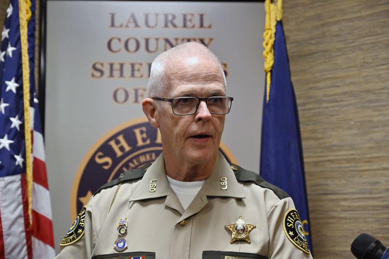 Deputy Gilbert Acciardo, public information officer with the Laurel County Sheriff's Office, gives details Sunday, Sept. 8, 2024, on the progress of the investigation into the shooting along Interstate 75 on Saturday in London, Ky. (AP Photo/Timothy D. Easley)