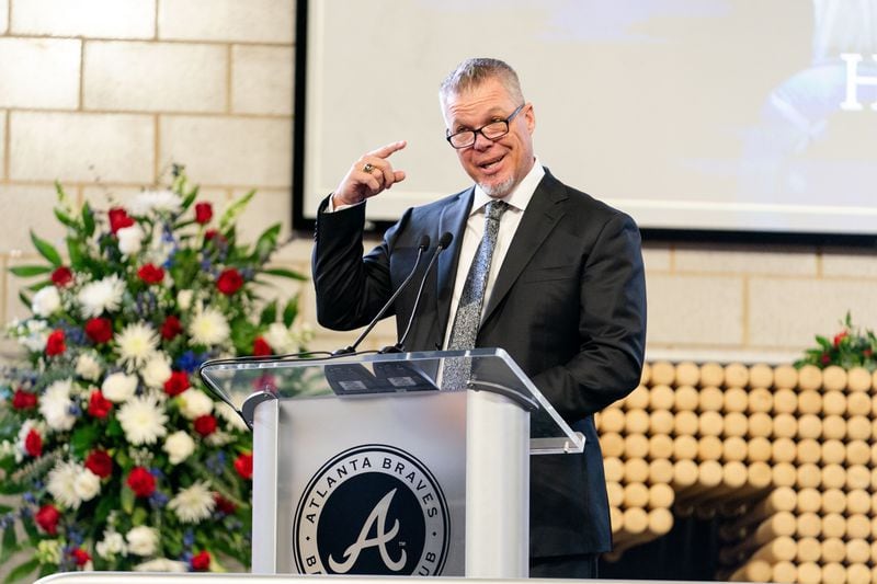 Chipper Jones, former Braves player and Hall of Famer, speaks during memorial service for Hank Aaron on Tuesday, Jan. 26, 2021, at Truist Park in Atlanta. (Kevin D. Liles/Atlanta Braves)