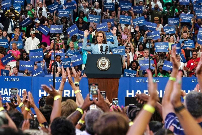 Vice President and 2024 Democratic presidential candidate Kamala Harris gestures as she speaks at a campaign event in Atlanta, on July 30, 2024. (Elijah Nouvelage/AFP/Getty Images/TNS)