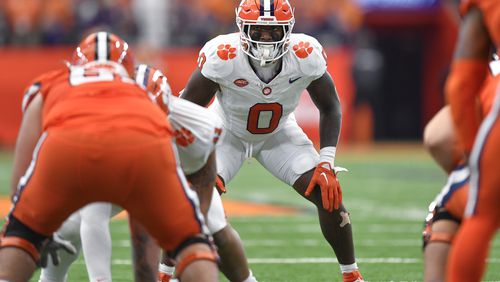 FILE - Clemson linebacker Barrett Carter (0) lines up during the first half of an NCAA college football game against Syracuse in Syracuse, N.Y., Saturday, Sept. 30, 2023. (AP Photo/Adrian Kraus, File)