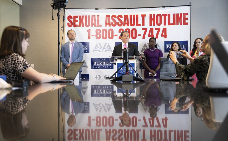 Houston lawyer Tony Buzbee holds a news conference at his office announcing that he's representing 120 accusers who have come forward with sexual misconduct allegations against Sean “Diddy” Combs, the hip-hop mogul who is awaiting trial on sex trafficking charges, Tuesday, Oct. 1, 2024, in Houston. (Elizabeth Conley/Houston Chronicle via AP)