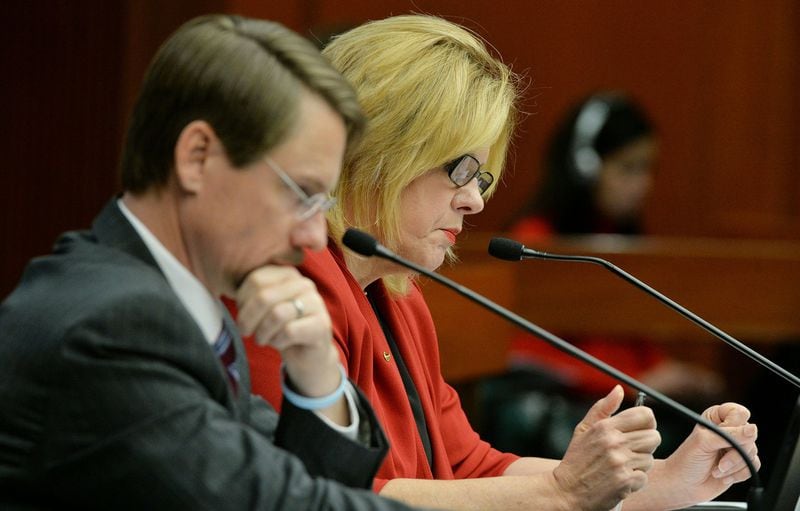 Georgia Sen. Renee Unterman, R-Buford, and state Rep. Andy Welch, R-McDonough, testify Wednesday before the Senate Judiciary Non-Civil Committee about their proposals to protect sex trafficking victims. KENT D. JOHNSON/KDJOHNSON@AJC.COM