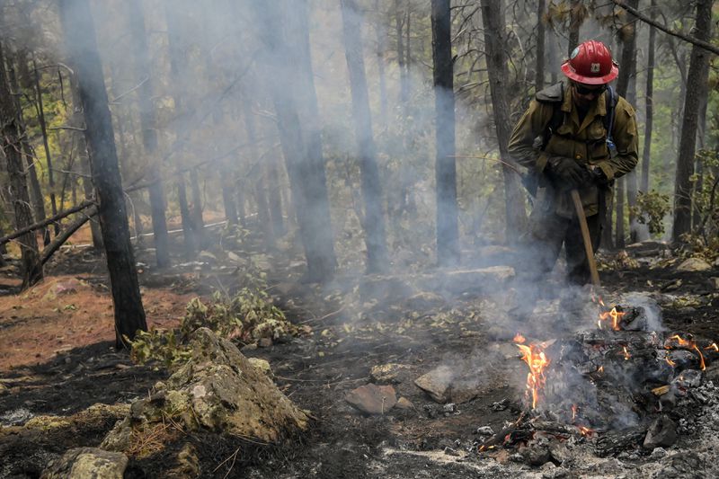 A crew member with the Mormon Lake Hotshots, out of Arizona, works a bone pile while battling the First Thunder Fire on Wednesday morning, Sept. 4, 2024, west of Rapid City in the Black Hills, S.D. (Matt Gade/Rapid City Journal via AP)