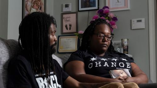 Nick and Brittany Burns talk about the loss of their 3-month-old daughter Khari during an interview in their Atlanta home Wednesday, Aug. 21, 2024.   (Ben Gray / Ben@BenGray.com)