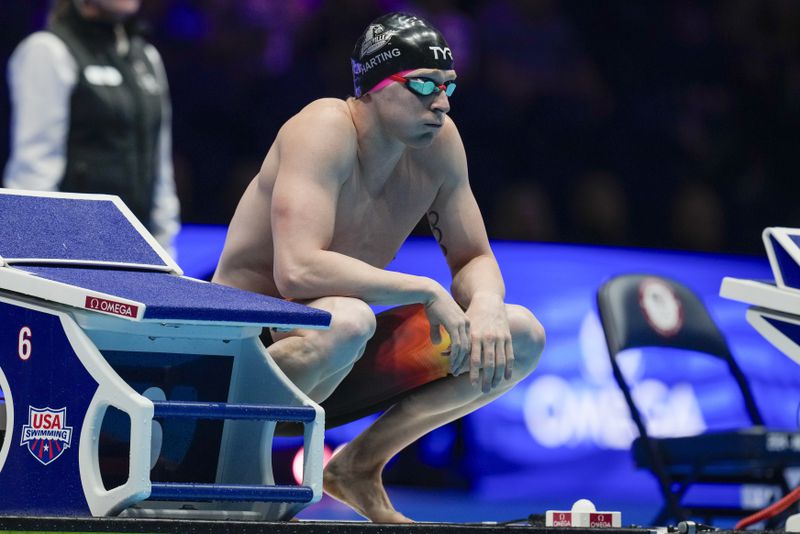 Zach Harting waits to start a Men's 200 butterfly semifinals heat Tuesday, June 18, 2024, at the US Swimming Olympic Trials in Indianapolis. (AP Photo/Darron Cummings)