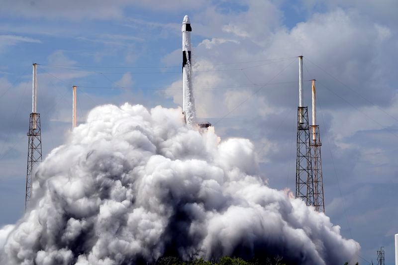 A SpaceX Falcon 9 rocket, with a crew of two astronauts, lifts off from launch pad 40 at the Cape Canaveral Space Force Station Saturday, Sept. 28, 2024, in Cape Canaveral, Fla. (AP Photo/Chris O'Meara)