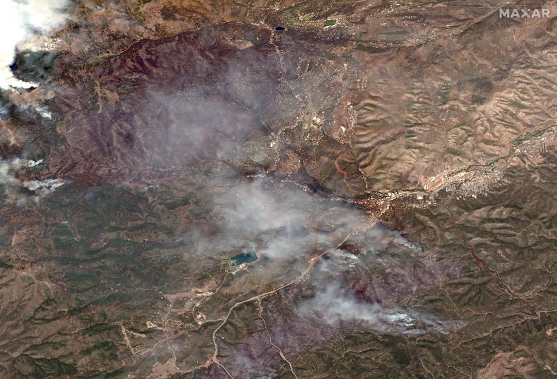 This satellite image released by Maxar Technologies shows the overview of South Fork wildfire in Ruidoso, N.M. on Wednesday, June 19, 2024 (Satellite image ©2024 Maxar Technologies via AP)