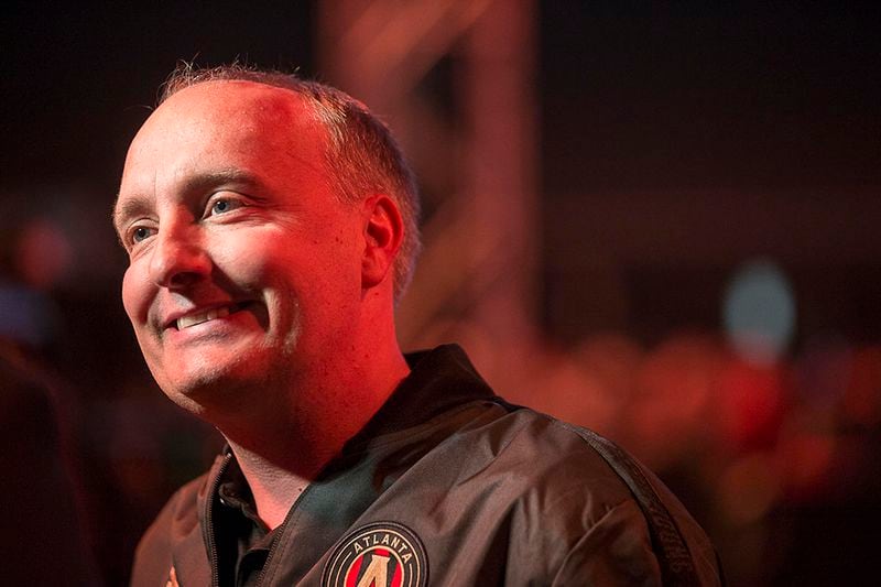 Atlanta United president Darren Eales is interviewed before the start of an Atlanta United uniform unveiling ceremony Friday, Feb. 15, 2019, at Mercedes-Benz Stadium in Atlanta.