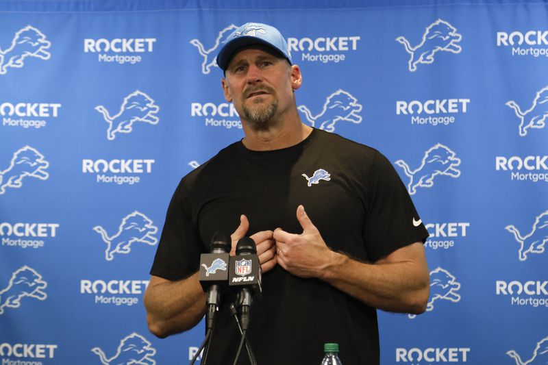 Detroit Lions head coach Dan Campbell speaks to the media after an NFL football game against the Los Angeles Rams in Detroit, Monday, Sept. 9, 2024. (AP Photo/Duane Burleson)