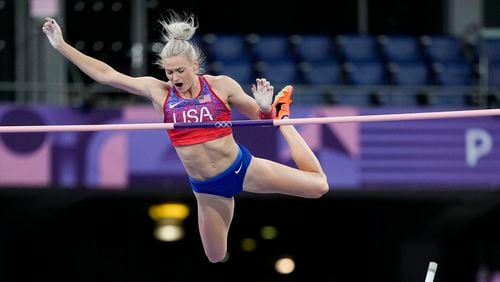 Powder Springs resident Katie Moon competes during the women's pole vault final at the 2024 Summer Olympics, Wednesday, Aug. 7, 2024, in Saint-Denis, France. (AP Photo/Bernat Armangue)