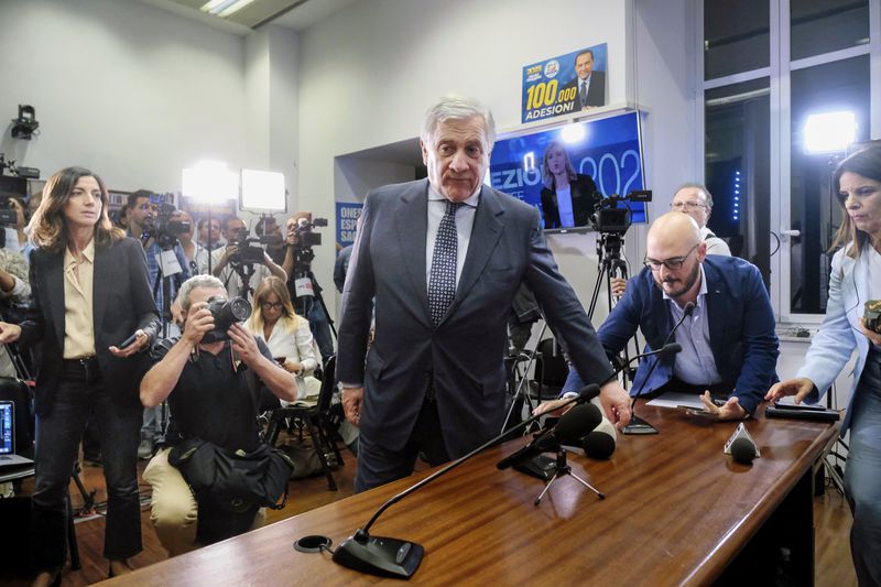 Italy's Foreign Minister and Forza Italia party leader Antonio Tajani prepares to speak about the results of the European Parliamentary elections at the electoral committee of Forza Italia in Rome, Monday, June 10, 2024. (Mauro Scrobogna/LaPresse via AP)